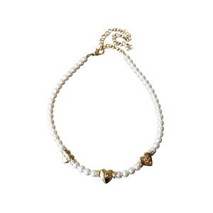 Chanel 24P CC Logo Metal Heart With Crystal Strass Pearl Necklace Gold White